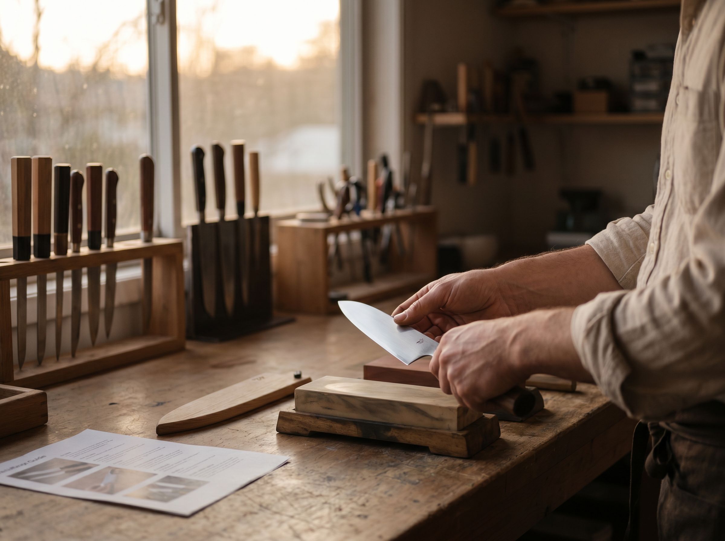 Atelier — peau de lame, manche bois clair hinoki, outils d'aiguisage